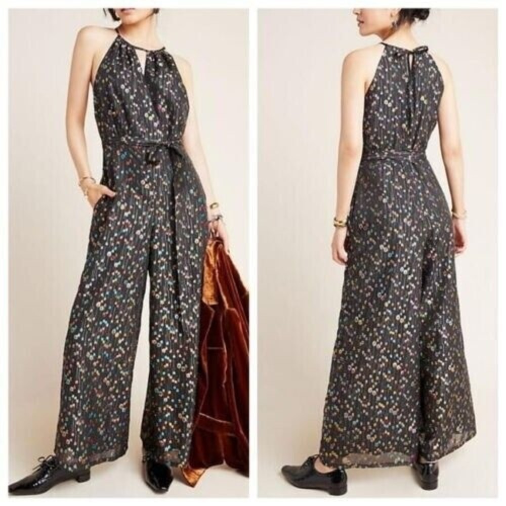 Anthropologie Eva Franco Edita Jumpsuit Metallic Dots w/Pockets Size 2 (no belt)